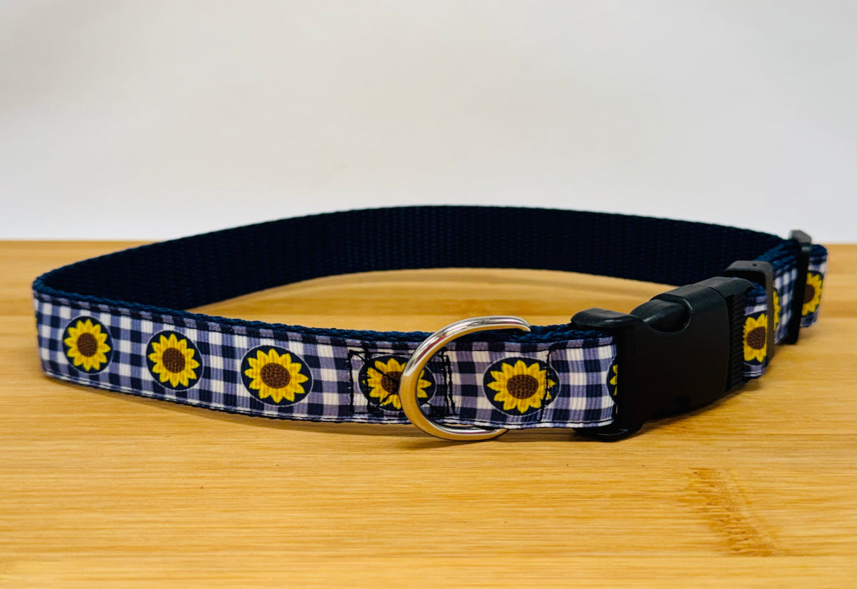"Blue Checkered with Sunflowers" Handmade Collar