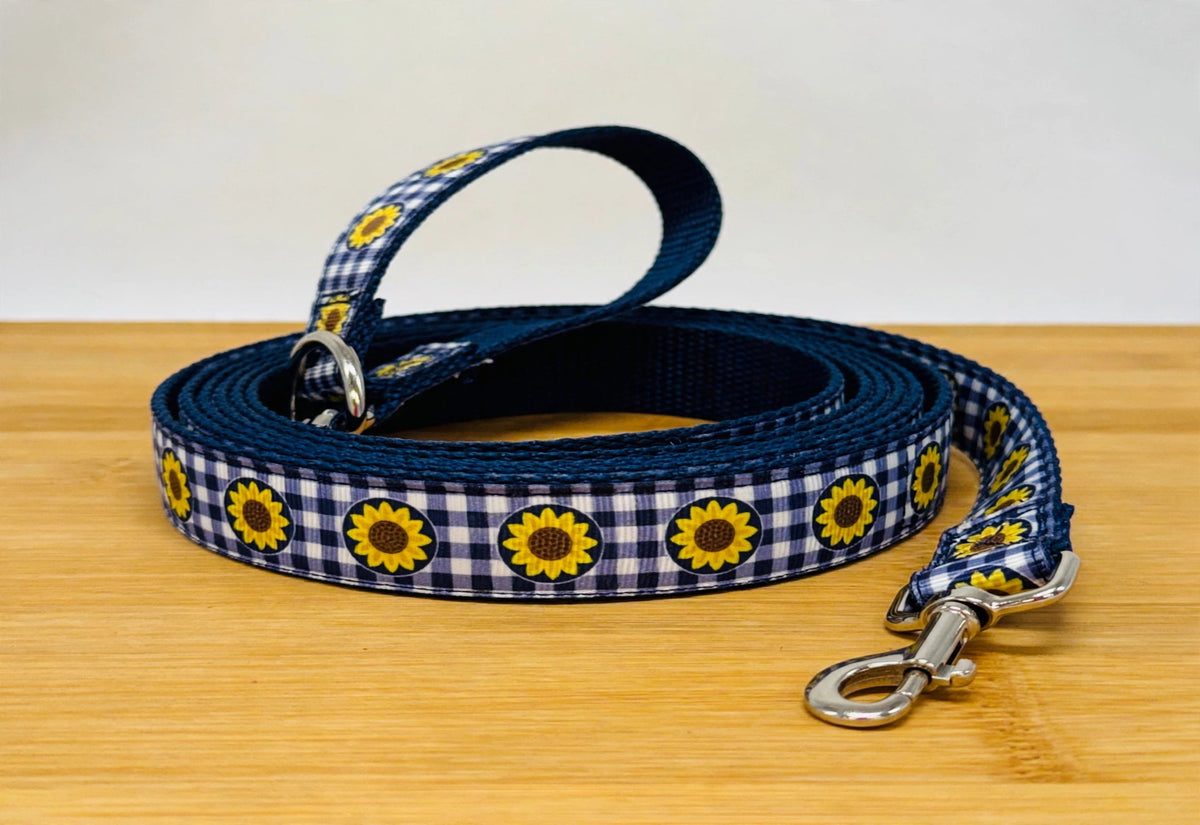 "Blue Checkered with Sunflowers" Handmade leash